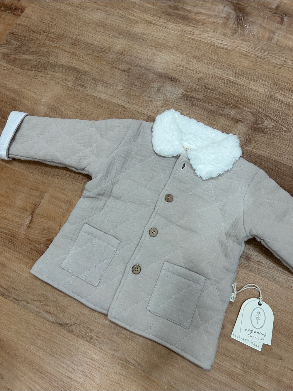 Organic Quilted Beige Baby Puffer Jacket with Sherpa Collar